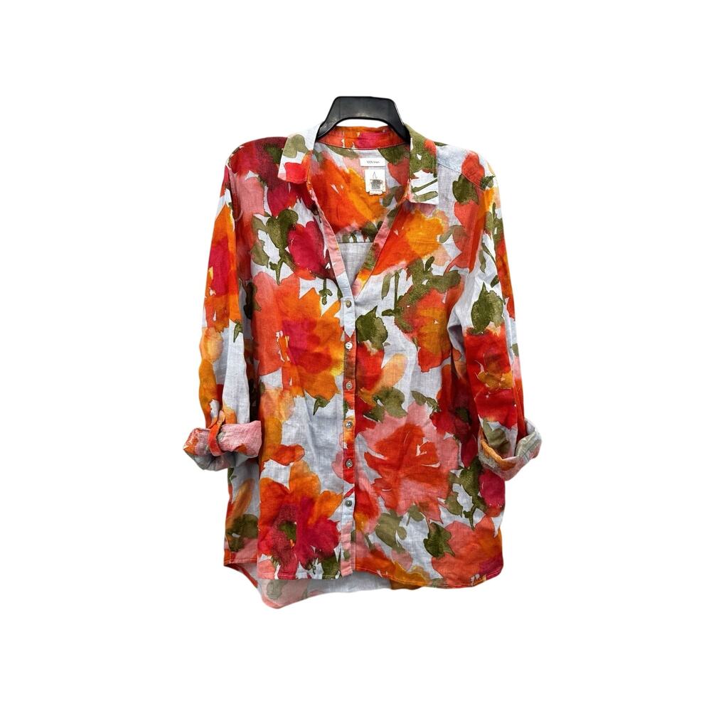Joie Size Extra Large Women's 100% Linen Blouse Pink Orange Floral Roll Sleeve